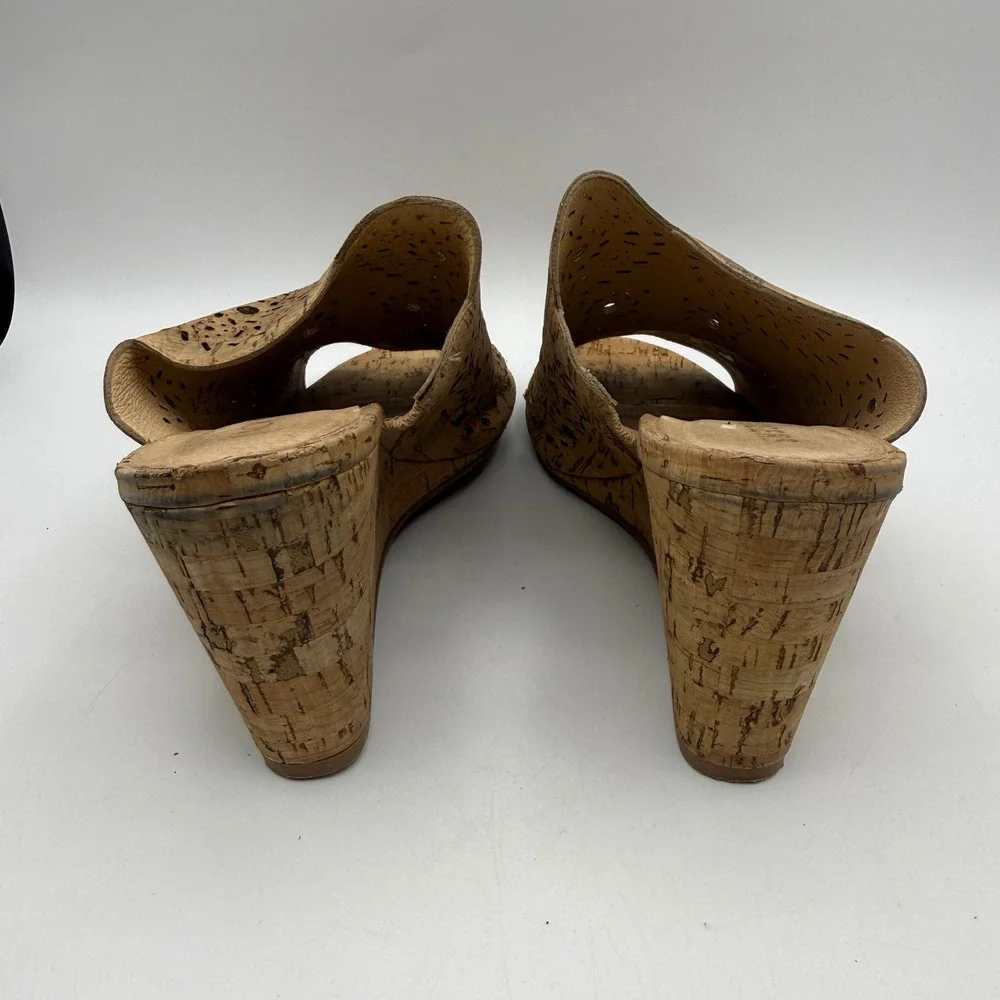 Jack Rogers‎ Wedge Sandals Womens 8 Tan Cork Laser Cut Scalloped Peep Toe Mules